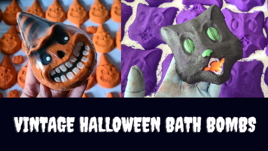 Vintage style halloween bath bombs: Pictured on the left is an orange, circus hat jack-o-lantern. on the right is a purple and black halloween cat